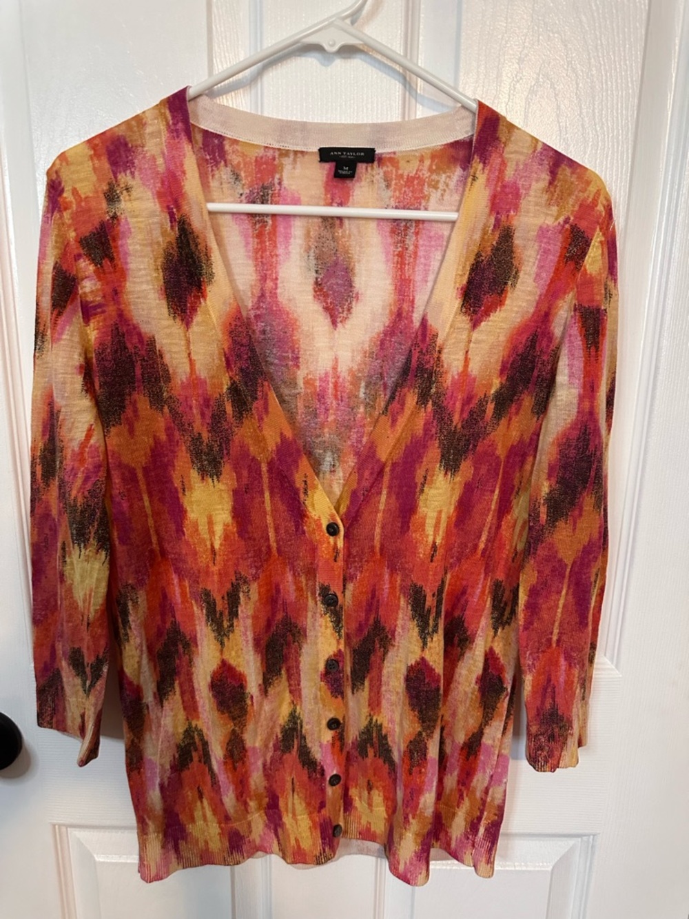 Ann Taylor Pink Orange Multicolor Abstract V-Neck Top